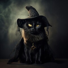 Black cat in a witch hat looking at the camera, Halloween concept
