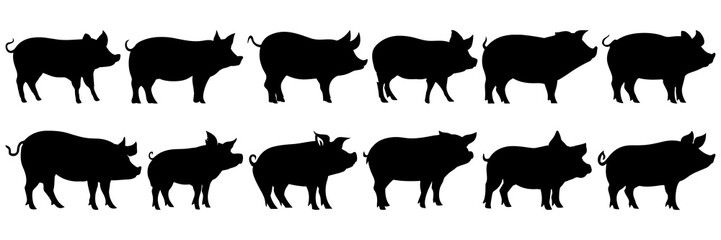 Pig farm animal silhouettes set, large pack of vector silhouette design, isolated white background