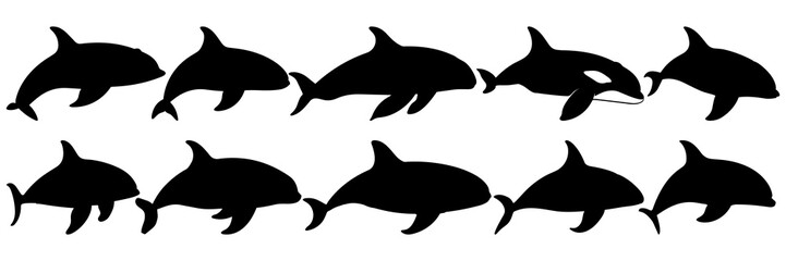 Whale orca silhouettes set, large pack of vector silhouette design, isolated white background