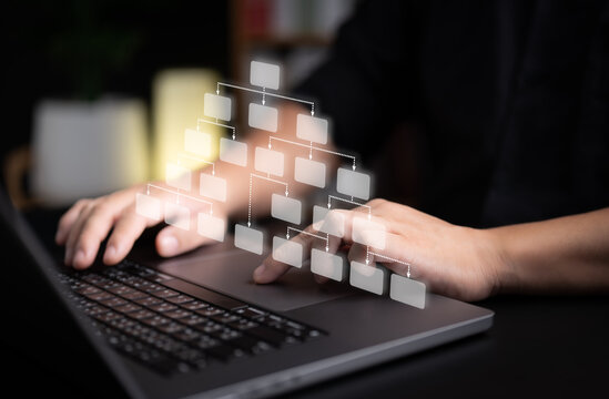 Businessman uses computer to make business hierarchy structure. Company process for operation workflow. Mindmap or Organigram. Relations management of order or subordination between team members.