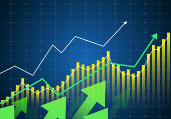 Growing growth chart, yellow bar chart of stock market investment trading on blue background. global market information, financial bar graph, bullish point.