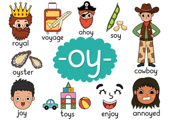 Oy digraph spelling rule educational poster for kids with words. Learning -oy- phonics  for school and preschool. Phonetic worksheet. Vector illustration - obrazy, fototapety, plakaty
