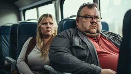 Unhappy Overweight Couple Sitting in a Modern Intercity train