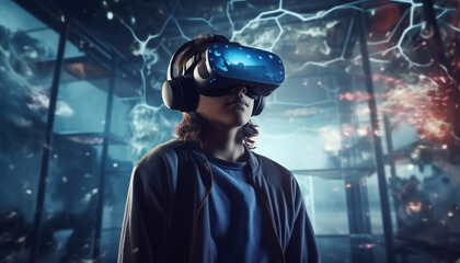 Young woman in virtual reality (VR) glasses