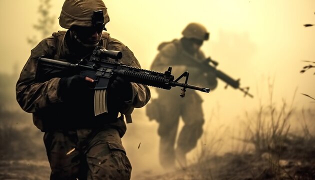 United States Marines in action. Military action, desert battlefield, smoke grenades