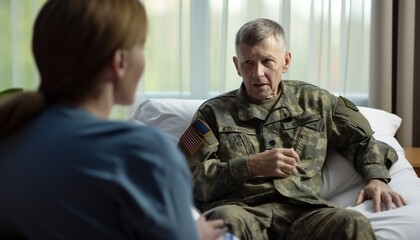 Professional psychologist giving advice to military patient