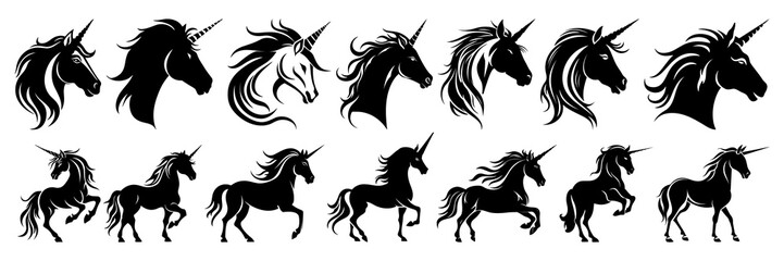 Unicorn silhouettes set, large pack of vector silhouette design, isolated white background