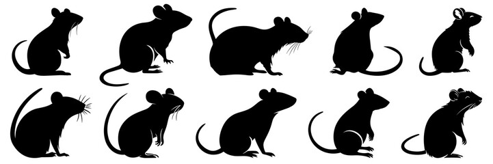 Mouse rat silhouettes set, large pack of vector silhouette design, isolated white background - obrazy, fototapety, plakaty