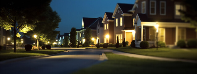 Wide banner of residential neighbourhood at night with lights