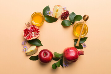 Rosh hashanah concept. Frame made of symbols jewish New Year holiday Traditional. Top view with copy space