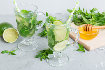Mojito cocktail. Refreshing mojito cocktail with lime, lemon and mint in a tall glass with a stick