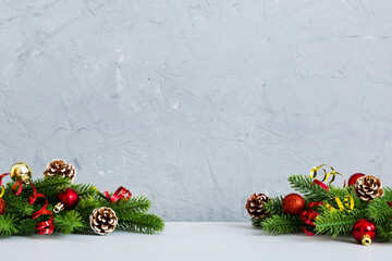 New Year Christmas tree toy, branches of a christmas tree, New Year decorations on a colored background