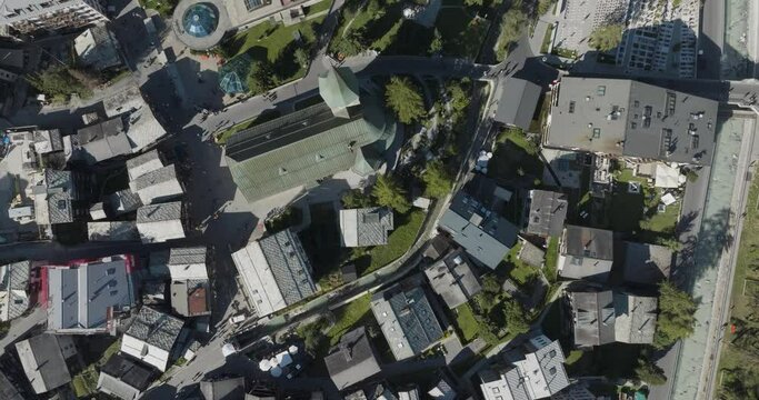 Aerial view of Zermatt, a small town famous for winter destination on the Swiss Alps, Valais, Switzerland.