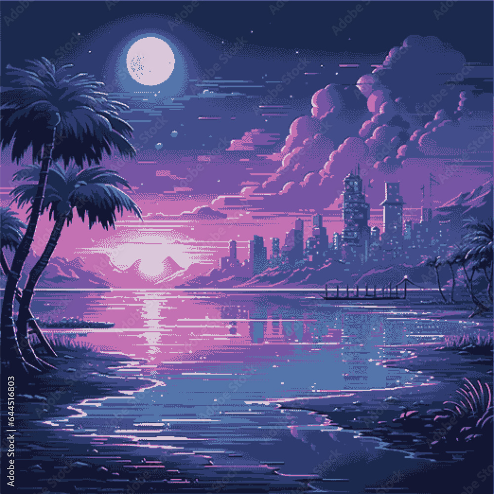 Poster Synthwave retro 8-bit pixel art landscape with palms and moon in neon colors.