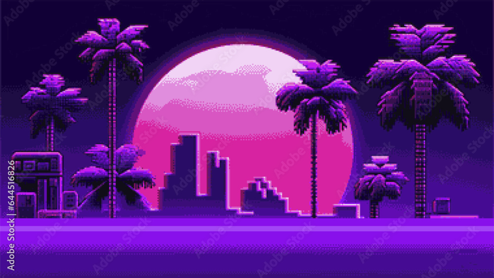 Poster Synthwave retro 8-bit pixel art landscape with palms and moon in neon colors.