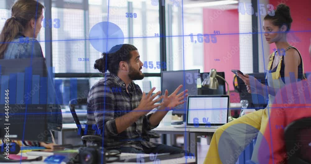 Poster animation of graphs with changing numbers over diverse coworkers sharing ideas on desk in office