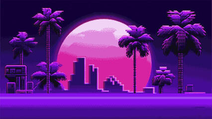 Synthwave retro 8-bit pixel art landscape with palms and moon in neon colors.