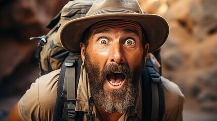 Obraz premium Funny crazy archaeologist with a backpack on his back and a funny hat. Generative AI