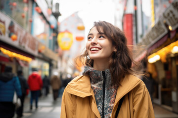 Fototapeta premium Portrait of beautiful young Asian female on the city street in Tokyo