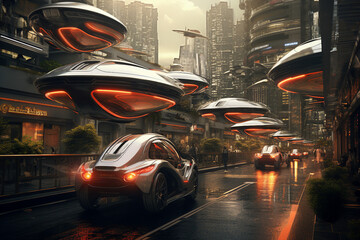 Generative ai creative design of sci-fi cityscape with futuristic skyscrapers and flying cars