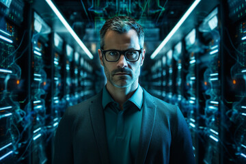 Generative ai collage image photo of professional it specialist analyzing data warehouse room