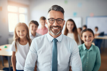 Obraz premium Portrait of confident teacher in the modern class room at the elementary school created by generative AI