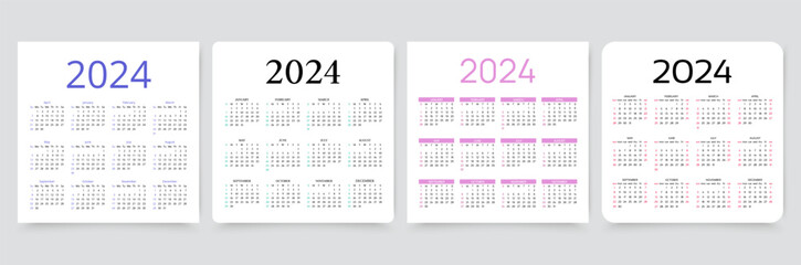 2024 calendar. Calender layout. Week starts Sunday. Desk planner template. Monthly organizer grid with 12 months. Yearly stationery diary in minimal style. Pocket or wall calendar. Vector illustration