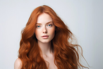 Fototapeta premium Generative AI portrait of fashion model red hair girl advertising hair coloring salon