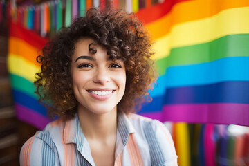 Generative AI portrait of beautiful proud young woman lgbt pride demonstration with a rainbow flag