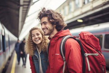 Two young backpackers are on Amsterdam train station - obrazy, fototapety, plakaty