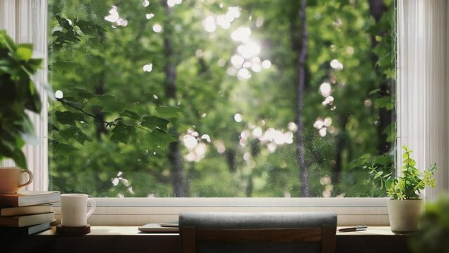 Natural healing repetitive video and ASMR where the fresh morning sunlight shining brightly on the window glass in the forest and the leaves swaying in the fresh wind provide comfortable relaxation.
