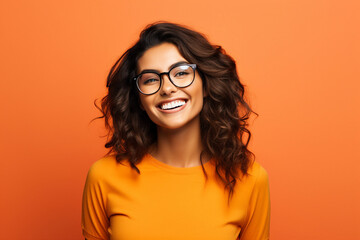 Photography generative AI image of a positive lovely smiling woman laughing having fun isolated on orange background