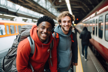 Two young backpackers are on Amsterdam train station