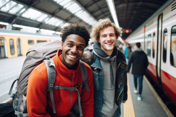 Two young backpackers are on Amsterdam train station