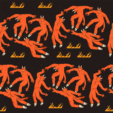 Dancing red devils walking around. Demon, devil or satan with horns and hoofs. Fire, hell. Hand drawn Vector illustration. Halloween, spooky, horror, mystery concept. Square seamless Pattern