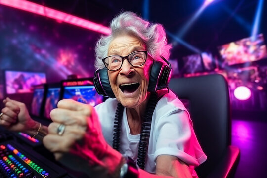 Generative AI photo of cheerful funny professional person gamer playing winning cyber championship