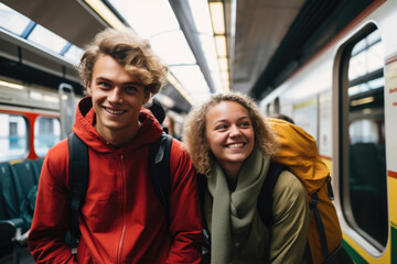 Two young backpackers are on Amsterdam train station