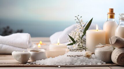 Fototapeta na wymiar Beautiful spa salon white composition in wellness center. Spa still life with aromatic candles, white flowers, sea ​​salt and towel. Beauty spa treatment and relax. Relaxing white background.