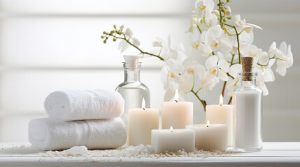 Fototapeta na wymiar Beautiful spa salon white composition in wellness center. Spa still life with aromatic candles, orchid flower, massage oil and towel. Beauty spa treatment and relax. Relaxing white background.