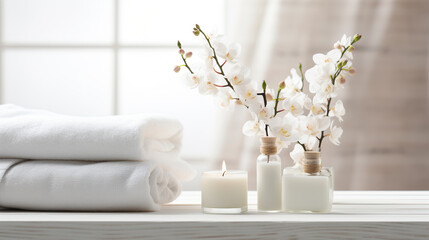 Beautiful spa salon white composition in wellness center. Spa still life with aromatic candles, orchid flower, massage oil and towel. Beauty spa treatment and relax. Relaxing white background.