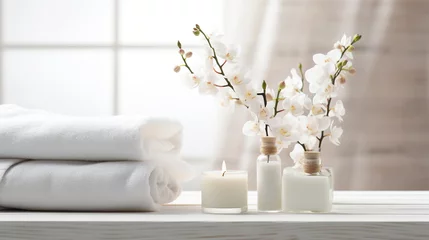 Foto op Canvas Beautiful spa salon white composition in wellness center. Spa still life with aromatic candles, orchid flower, massage oil and towel. Beauty spa treatment and relax. Relaxing white background. © Vladimir Sazonov