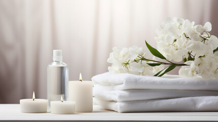 Beautiful spa salon white composition in wellness center. Spa still life with aromatic candles, white flowers, massage oil and towel. Beauty spa treatment and relax. Relaxing white background.