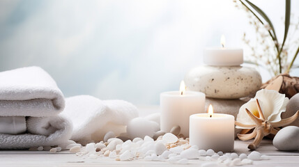 Fototapeta na wymiar Beautiful spa salon white composition in wellness center. Spa still life with aromatic candles, stones for massage and towel. Beauty spa treatment and relax. Relaxing white background.