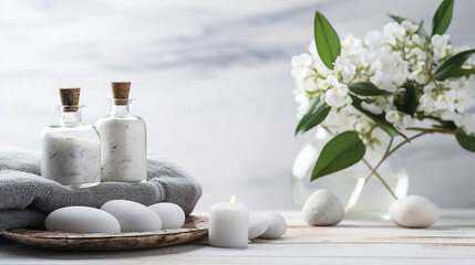 Fototapeta na wymiar Beautiful spa salon white composition in wellness center. Spa still life with aromatic candles, white flowers, stones for massage and towel. Beauty spa treatment and relax. Relaxing white background.