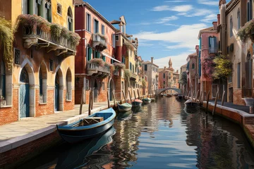 Tuinposter Narrow canal lined with picturesque houses, with a gondola peacefully gliding through the tranquil waters.  Generative AI. © Sebastian
