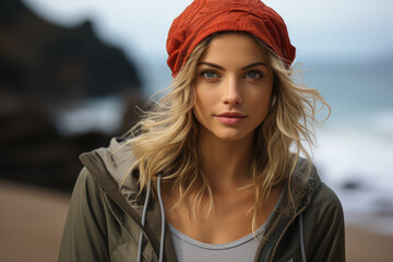 A young woman in a sports outfit is resting after running. Generative AI.