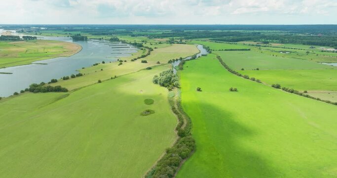 Aerial view of river Nederrijn and floodplains Amerongse Bovenpolder with grassland and trees, Amerongen, national park Utrechtse Heuvelrug, province of Utrecht, Netherlands