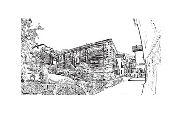 Building view with landmark of Saas Fee is the village in Switzerland. Hand drawn sketch illustration in vector.