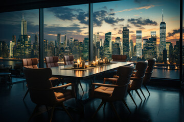 An executive boardroom with a long table, leather chairs, and a city skyline view through the windows. Generative AI.