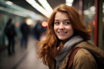  Young woman at the underground platform in Vienna, waiting